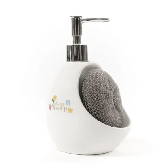 dispensador jabon con estropajo flores